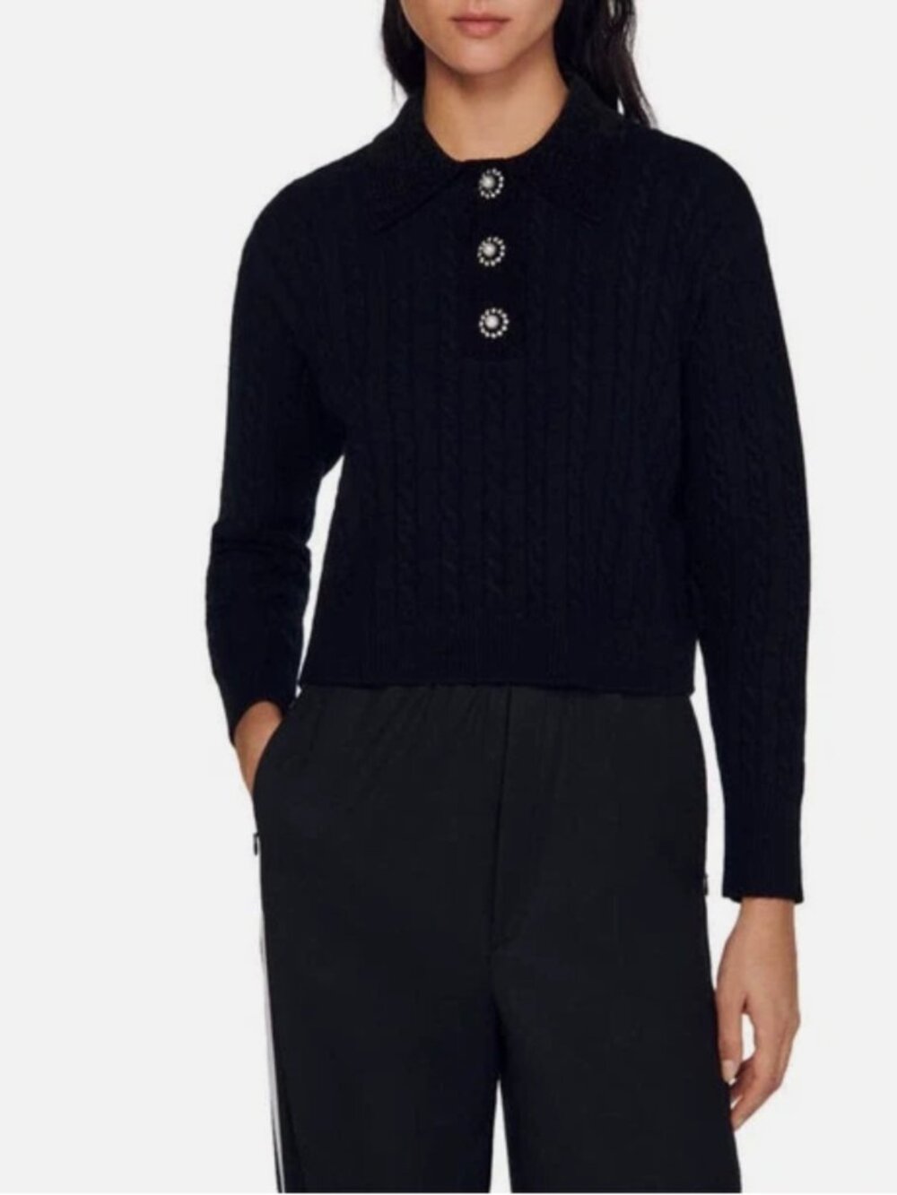 Sandro Dalinda Chunky Wool Cable Knit Sweater Collared In Black Womens 2